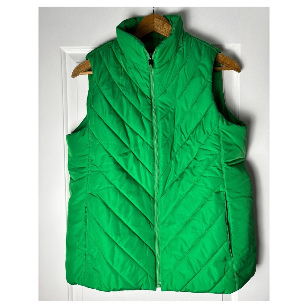 Lands End Puffer Vest Women M 10-12 Green Quilted Zip Up Sleeveless Jacket